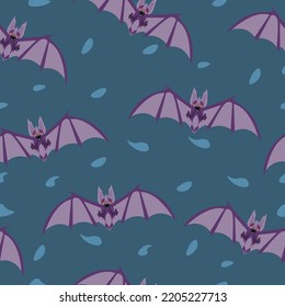Bat in purple color. Seamless pattern illustration. Blue background. Wallpaper element. Random square pattern.