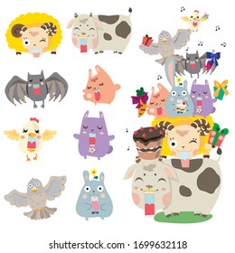 bat, rabbit, Pigeon, cow, sheep, chicken,Baby chick, dance , Birthday, The party, farm