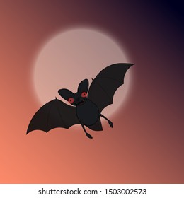 Bat with red luminous eyes on the background of the moon. Illustration for halloween.