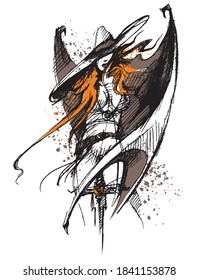 Bat. Red-haired woman with bat wings and in a hat