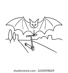 A bat riding a scooter on a road with trees buildings vector