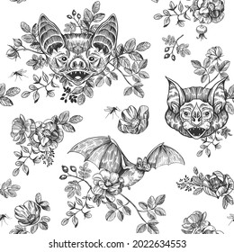 Bat with rose hips. Floral fabric design. Vector seamless pattern. Vintage Gothic style 