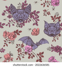 Bat with rose hips. Floral fabric design. Vector seamless pattern. Vintage Gothic style 