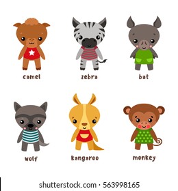 Bat and safari zebra, funny kangaroo and kid wolf, children monkey or ape, baby primate. Wood Bird and africa and australia animals with smiling faces in cloth. Zoo and child zoology book theme