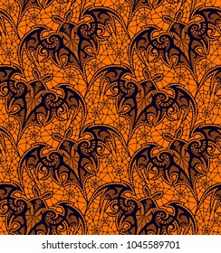 Bat. Seamless pattern. Black Lace  vector pattern. Orange Background. 