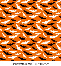 Bat Seamless Pattern - Black and white flying bats on orange background