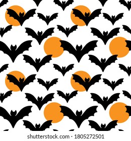 Bat Seamless Pattern. Cute cartoon black bats and moon on the white. Halloween, vector