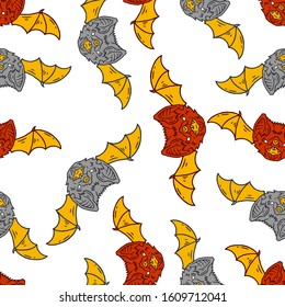 Bat Seamless Pattern. Bat Face Cartoon Style. Occultism Seamless Pattern. Esoteric Sign Alchemy. Occult Bat Face  on white background isolated. Stock Vector Illustration. Cartoon style.