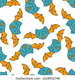 Bat Seamless Pattern. Bat Face Cartoon Style. Occultism Seamless Pattern. Esoteric Sign Alchemy. Occult Bat Face  on white background isolated. Stock Vector Illustration. Cartoon style.