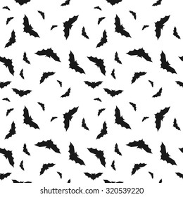 Bat seamless pattern for Halloween. Simple black silhouettes on white.