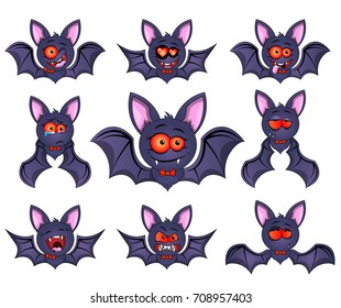 the bat shows different emotions. bat character of the holiday haloween. the bat shows its emotions cartoon. cartoon