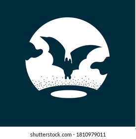 Bat silhoette at night. Nocturnal monochrome landscape with dots. Gothic vector illustration. Icon or logo for scary celebration. 