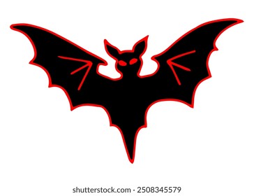 Bat silhouette. Black and white outline drawing for Halloween. Hand drawn isolated graphic clipart. Line illustration of creepy animal for decor and party invitation design. Simple Doodle style.