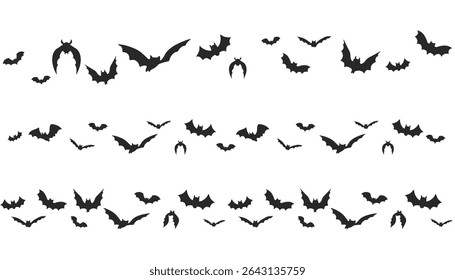 Bat silhouette border divider, halloween simple ornament. Scary decor garland. Vintage party or banner decor. Spooky design element.