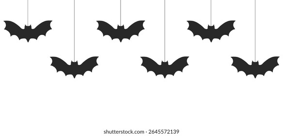 Bat silhouette border divider, halloween simple ornament. Scary decor garland. Vintage party or banner decor. Spooky design element.