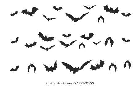 Bat silhouette border divider set, halloween simple ornament. Scary decor garland. Vintage party or banner decor. Spooky design element.