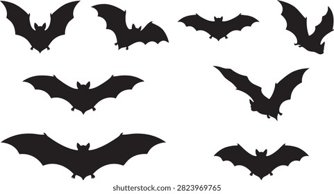 Bat silhouette collection with black flying poses for halloween wildlife and decorative projects