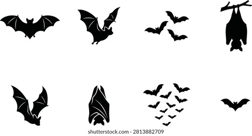 Bat silhouette collection with flying, roosting, grouping, and resting poses