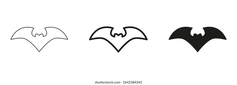 Bat Silhouette In Line, Outline, And Glyph Icon Set. Nocturnal Creature And Halloween Symbol Collection. Perfect For Spooky Themes And Wildlife Representation. Isolated Vector Illustration.