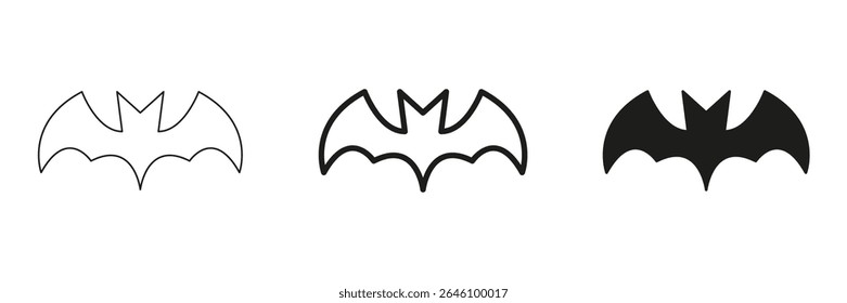Bat Silhouette In Line, Outline, And Glyph Icon Set. Nocturnal Creature And Halloween Symbol Collection. Perfect For Branding, Design, And Thematic Projects. Isolated Vector Illustration.