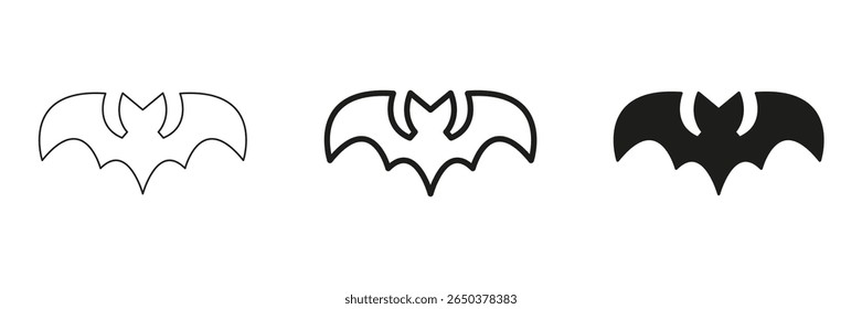 Bat Silhouette In Line, Outline, And Glyph Icon Set. Nocturnal Creature And Halloween Symbol Collection. Perfect For Spooky Themes And Nighttime Concepts. Isolated Vector Illustration.