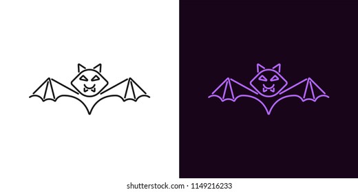 Bat silhouette in outline style. Vector illustration of bat for Halloween party in black and violet color. Isolated graphic element for Halloween decoration