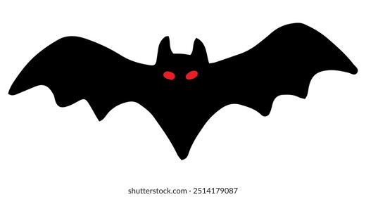 Bat silhouette with red eyes. Black outline drawing for Halloween. Hand drawn isolated graphic clipart. Line illustration of creepy animal for decor and party invitation design. Simple Doodle style.