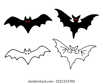 Bat silhouette with red eyes. Black outline drawing for Halloween. Hand drawn isolated graphic clipart. Simple Doodle style. Line illustration of creepy animal for dark, gothic themes.