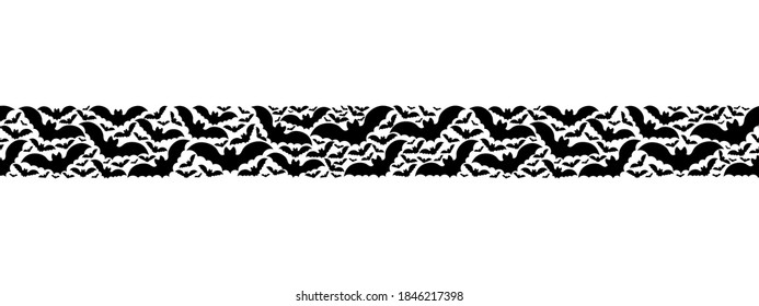 Bat. Silhouette. Seamless horizontal border. Repeating vector pattern. Isolated colorless background. Flat style. Endless ornament. Halloween symbol. Template for web design, printing, advertising.