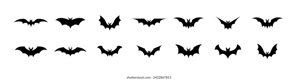 Juego de siluetas de murciélago. Iconos de murciélago negro volando. Concepto de Halloween. Vector