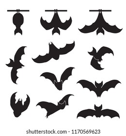 Bat silhouette in various positions set. Bat icons. Vector.