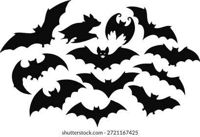 Bat silhouette vector collection, spooky flying shapes, Halloween theme, dark creatures, eerie design, black wings, mystical illustration, fantasy concept, horror elements, seasonal decoration graphics