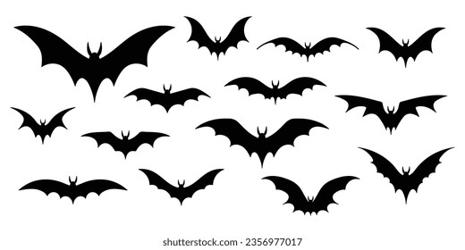 Bat silhouettes. Isolated black bats, vampire graphic symbols set. Terrible