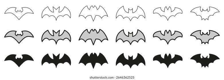 Silhuetas De Morcego Em Linha, Contorno E Conjunto De Ícones De Glifos. Night Mysterious Animal... Ilustração de vetor isolada.