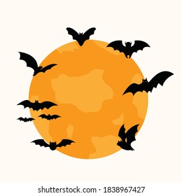 Bat-Silhouetten auf nächtlichem Vollmond-Hintergrund, Vektorgrafik, Helloween-Elemente.