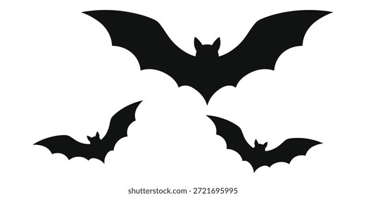 Bat Silhouettes Set Flying in Different Sizes on White Background