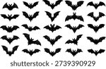 Bat silhouettes, stylized wing shapes, Halloween design, flying animal illustration, minimal vector art, nocturnal wildlife graphic design