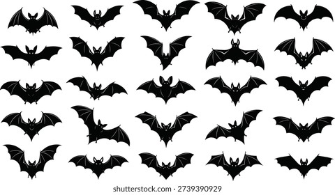 Bat silhouettes, stylized wing shapes, Halloween design, flying animal illustration, minimal vector art, nocturnal wildlife graphic design