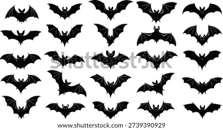 Bat silhouettes, stylized wing shapes, Halloween design, flying animal illustration, minimal vector art, nocturnal wildlife graphic design