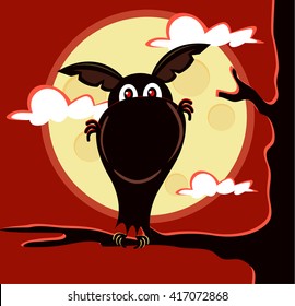 Bat sitting on branch. Vector flat cartoon illustration