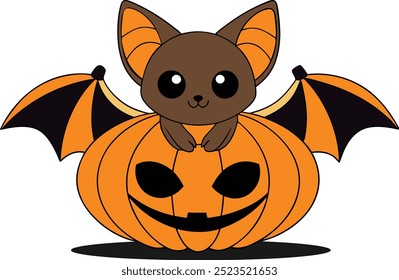 bat is sitting on carved pumpkin