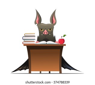 Bat is sitting at the table and learn. Vector illustration on white background