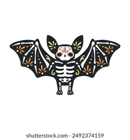 Bat skeleton sugar scull vector clip-art isolated on white. Mexican Halloween illustration.