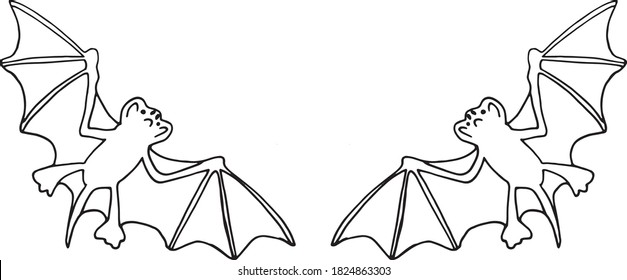 bat sketch frame, border hand drawn vector doodle, minimalism, monochrome. template for design card, invitation. halloween, night animal, flying