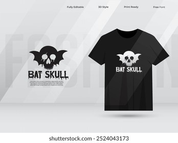 Camiseta de cráneo de murciélago Vector color blanco y negro. Diseño de camiseta de tipografía de horror creativo de cráneo de murciélago con cabeza de cráneo y alas de murciélago. Diseño de camiseta listo para estampado de Halloween. 
