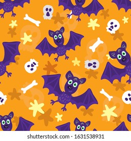 Bat and skulls on an orange background. Pattern for covers, postcards, Halloween, textiles, pattern.