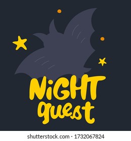 Bat in the sky in scandinavian style. Lettering inscription phrase: Night guest. Unique hand drawn nursery poster. Modern vector illustration.