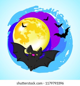 A bat in the sky under the moon. Picture and funny