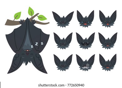 Bat sleeping, hanging upside down on branch. Animal emoticon set. Vector illustration of bat-eared grey creature with closed wings in flat style. Emotional heads of cute Halloween bat vampire. Emoji.