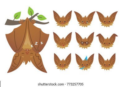 Bat sleeping, hanging upside down on branch. Animal emoticon set. Vector illustration of bat-eared brown creature with closed wings in flat style. Emotional heads of cute Halloween bat vampire. Emoji.